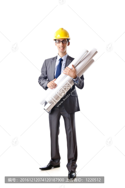 年輕建筑師與圖紙孤立的白色