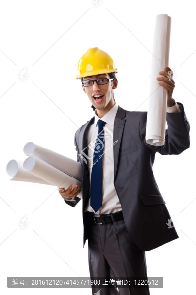 年輕建筑師與圖紙孤立的白色