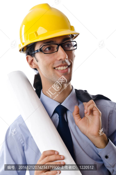 年輕建筑師與圖紙孤立的白色