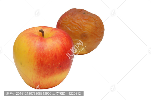 鮮紅色蘋果與爛蘋果；白色背景分離
