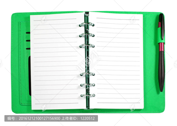 帶白色筆的綠色皮革活頁夾筆記本