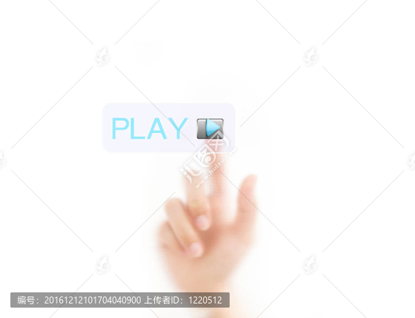 男子手指按下播放按鈕；孤立在白色背景。