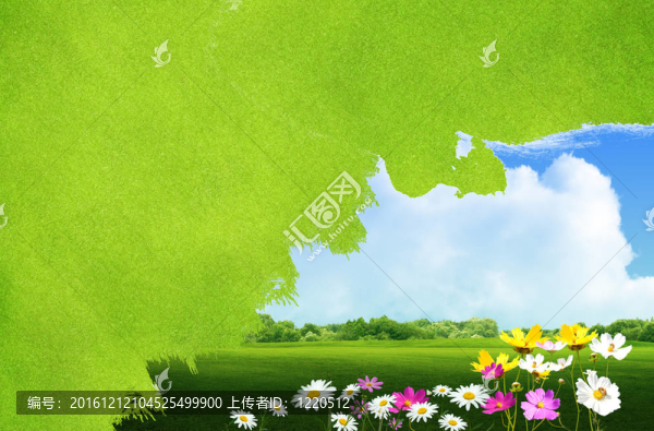 油漆景觀綠草和花卉背景