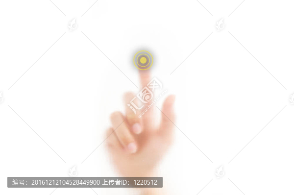 男子手指按下觸摸屏按鈕與食指；孤立在白色背景。