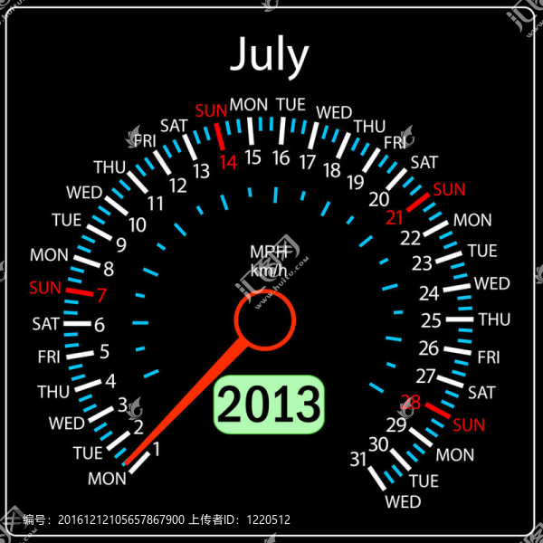2013年日歷表汽車。七月。