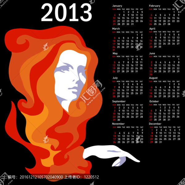 時尚日歷與女人為2013。星期日星期開始。