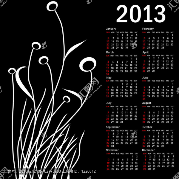 時(shí)尚日歷花2013。星期日星期開始。