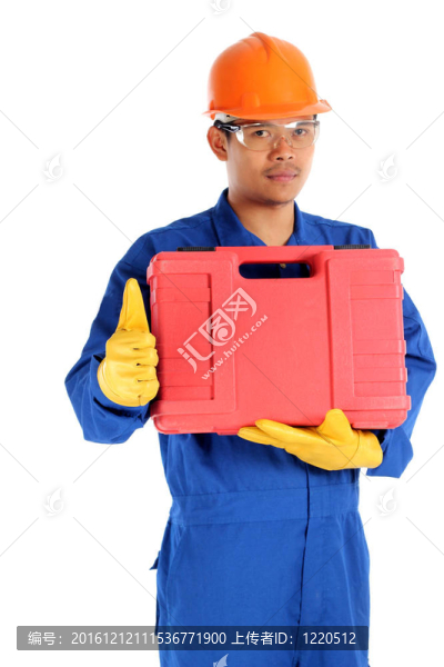 亞洲工人與工具箱和拇指準備工作