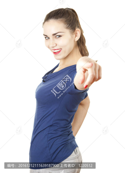 指向你微笑的少女；白色背景