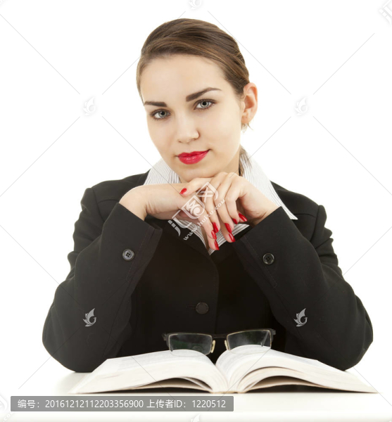 美麗的年輕女教師與書；白色背景