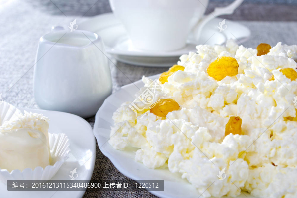 白色地板上的村舍奶酪放在一杯茶旁邊，桌上有堅(jiān)果和牛奶