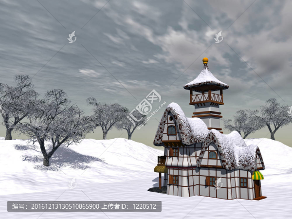 童話小屋是在一個冬日的天空多云的背景
