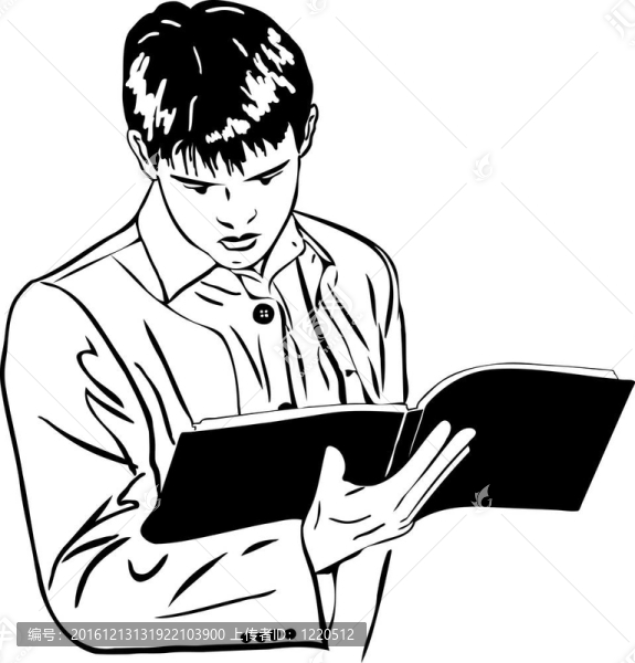 男孩仔細閱讀大型筆記本素描