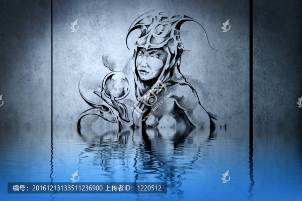 森林女神在紋身水反射藍(lán)色的墻