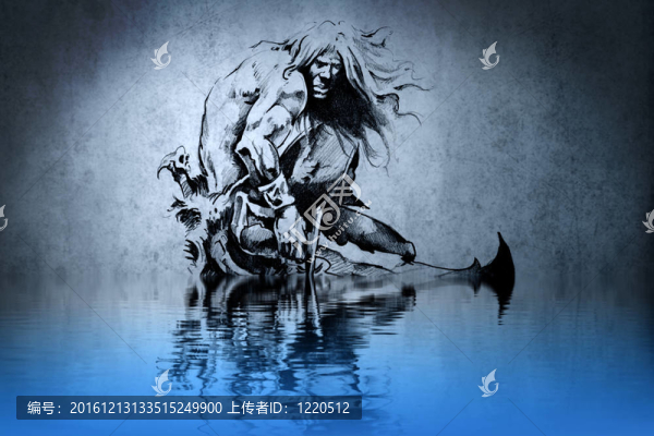 紋身戰(zhàn)士在藍(lán)色墻壁上的戰(zhàn)爭倒影
