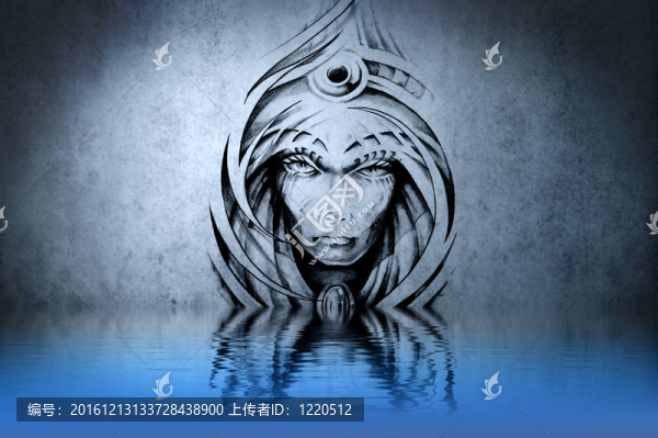 石像鬼紋身中的水藍色的墻壁的反射