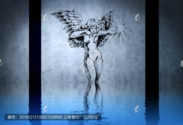 一個美麗的仙女骯臟的藍色背景的紋身與反射；
