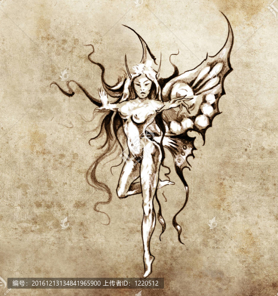 紋身藝術(shù)素描；仙女蝴蝶