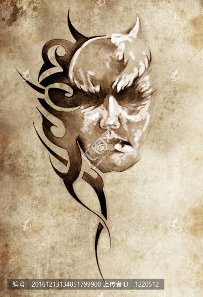 紋身藝術(shù)素描與部落設(shè)計怪物頭