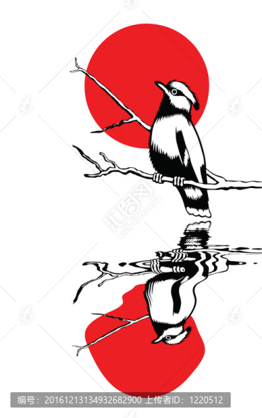分支輪廓太陽背景的鳥；插圖