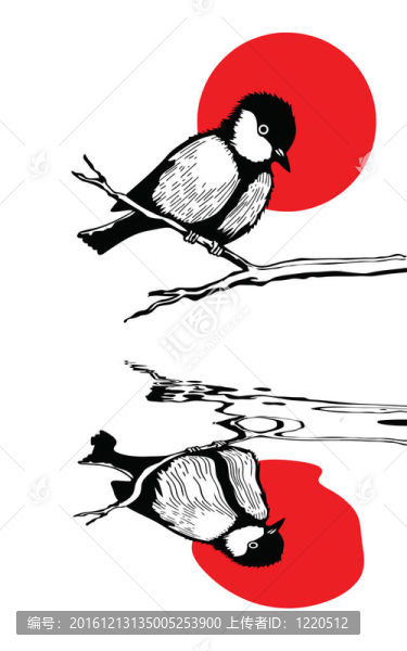 分支輪廓太陽背景的鳥；插圖
