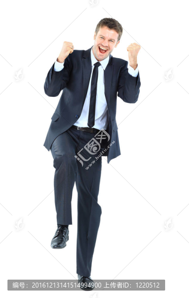 激動的英俊商人用成功的武器-白色的孤立