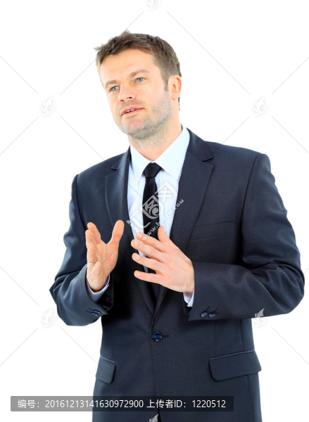 一個快樂成熟的商人的肖像看起來對白色背景充滿信心