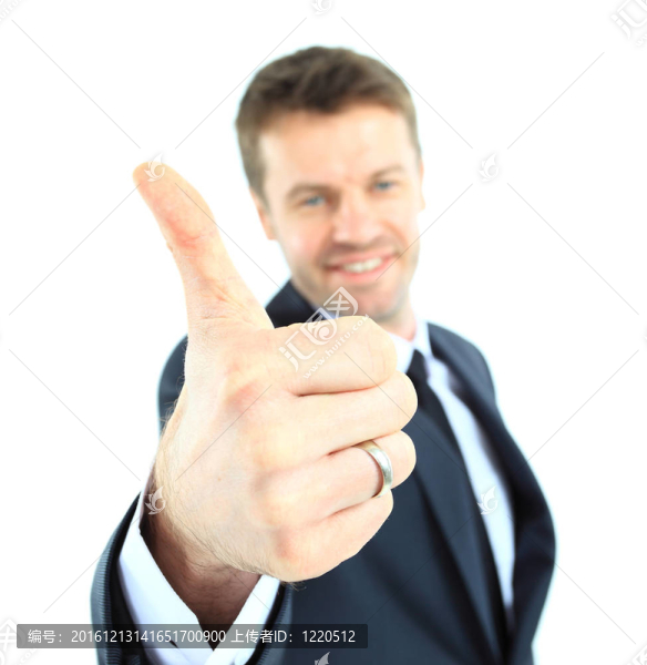 快樂的商人豎起大拇指，孤立在白色上