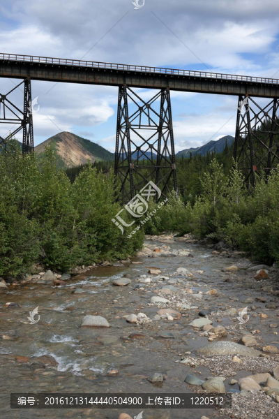 舊金屬車橋在快速流動的河流在Denali