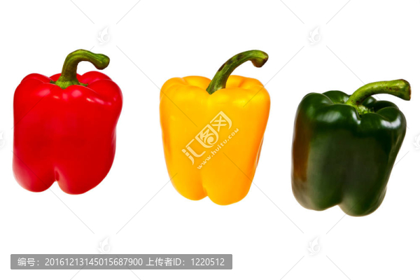 三辣椒紅色，綠色和黃色隔離白色背景。