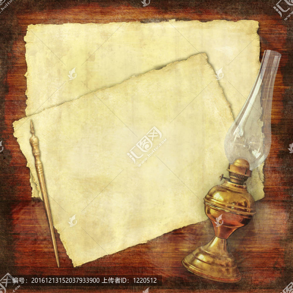 寫舊時代拼貼墻紙：墨水筆；油燈