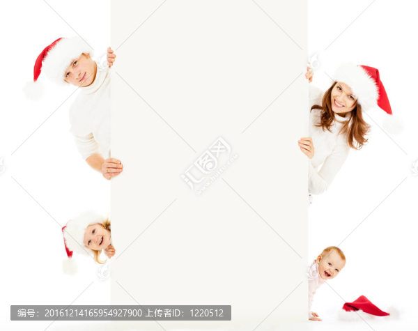 幸福的家庭在Santa的帽子與空白白色橫幅文字
