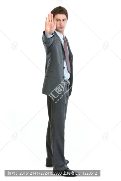 商人展示停止手勢(shì)的全長(zhǎng)肖像