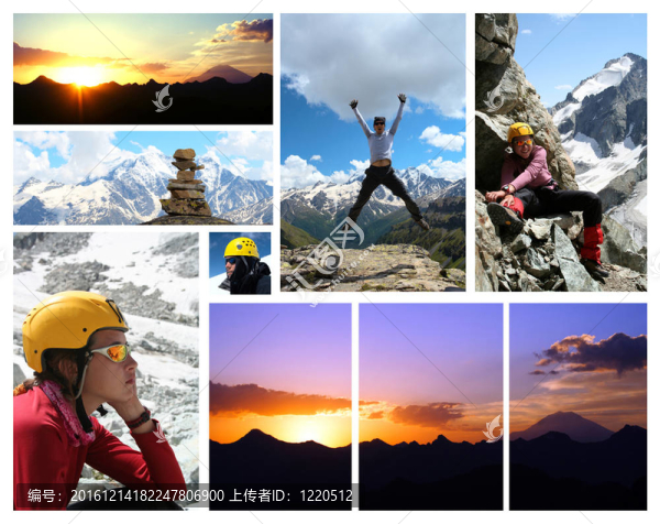 拼貼畫-清晨厄爾布魯士山和徒步旅行者