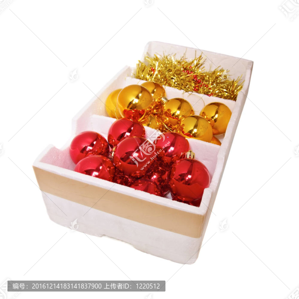 盒子里裝滿了紅色和金色的圣誕裝飾