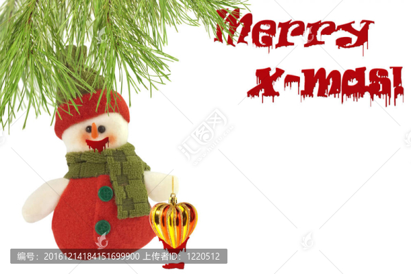 可愛的雪人在松樹下，圣誕快樂，寫著血。白色背景孤立