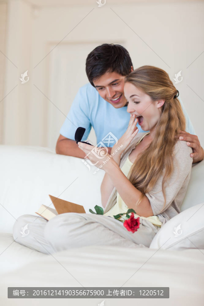一個(gè)男人向他的未婚夫提供珠寶的畫像