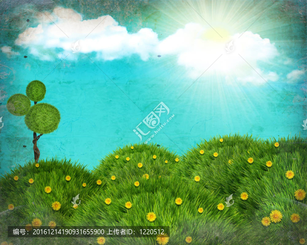 綠色的草山和太陽(yáng)垃圾自然景觀的拼貼