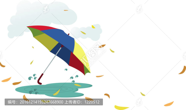 有秋天葉子和云朵的雨傘；白色背景。