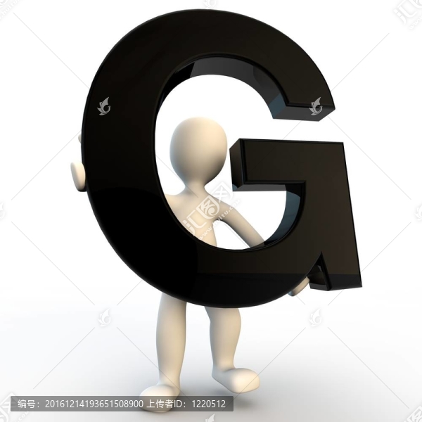 3D人物手持黑色字母G；小人物