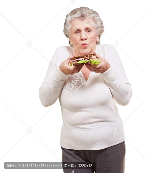 高級女人在白色上拿著美味三明治的肖像