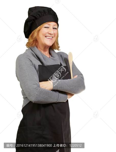 女廚師在白色背景上穿著圍裙的肖像