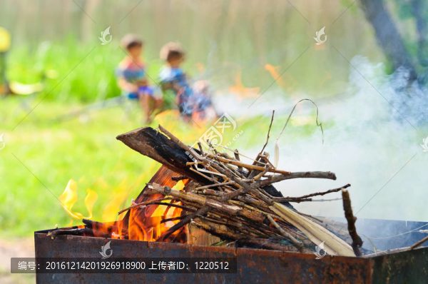 河流；野餐；烤架上的木頭燃燒