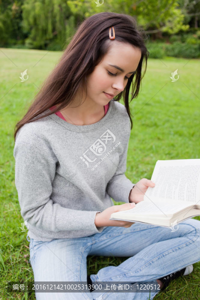 年輕的安靜女孩坐在草地上看書