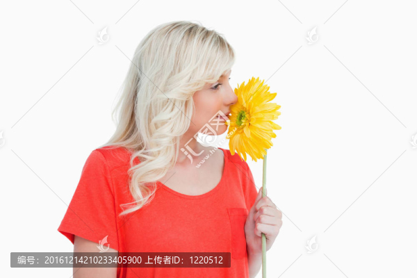 年輕的金發(fā)女人聞著黃色的花