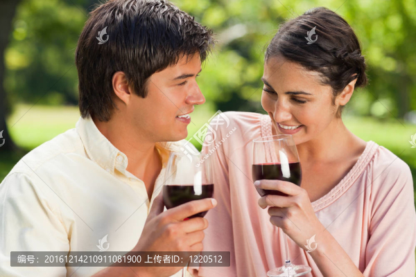 兩個朋友在公園里拿著酒杯