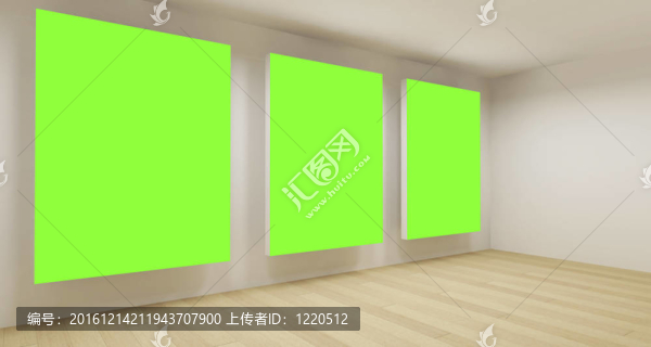 干凈的教室；空的3D空間，三個綠色色度鍵框架