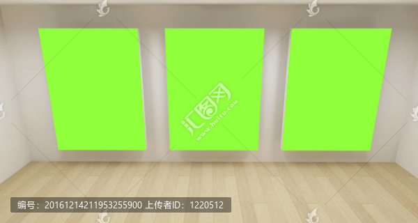 干凈的教室；空的3D空間，三個綠色色度鍵框架