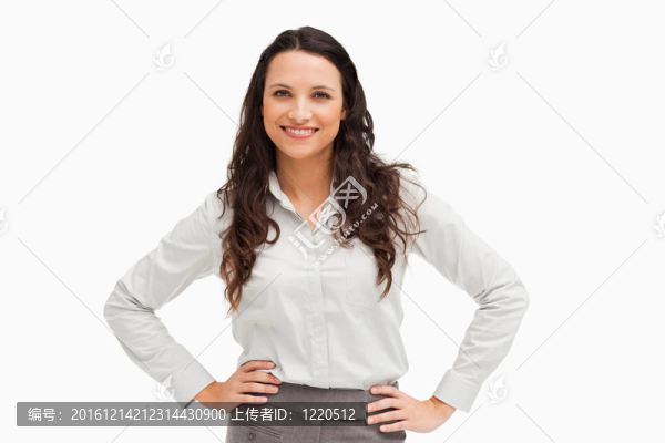 手一個黑發(fā)女商人在臀部微笑的畫像