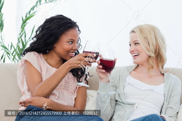 兩個拿著酒杯的女人在互相微笑